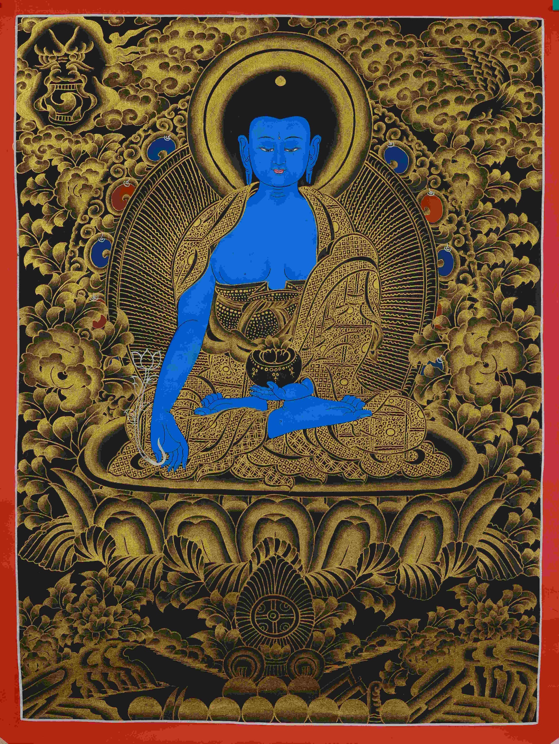 Black and Gold Shakyamuni Buddha Tibetan Thangka Artwork – hand-painted Tibetan Buddhist sacred painting.