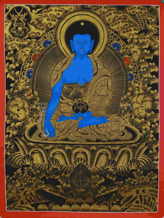 Black and Gold Shakyamuni Buddha Tibetan Thangka Artwork – hand-painted Tibetan Buddhist sacred painting.