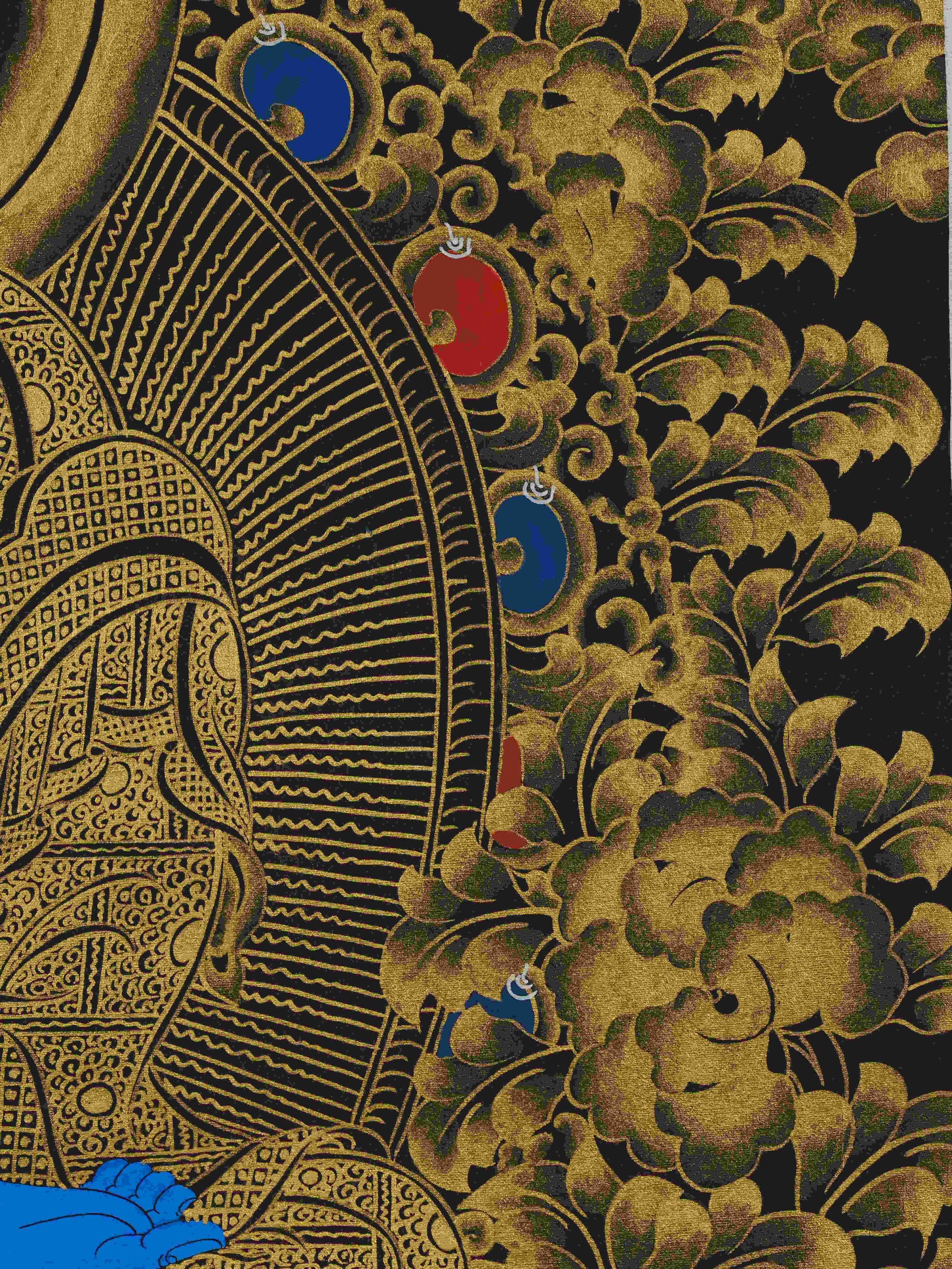Tibetan Thangka Painting of Shakyamuni Buddha in Black and Gold on canvas – traditional Buddhist art.