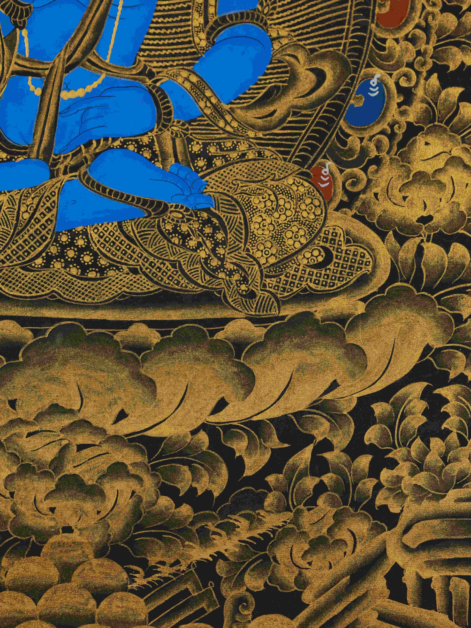 Handmade Tibetan Thangka Painting – Black and Gold Akasagarbha Bodhisattva Buddhist Art symbolizing wisdom and prosperity.