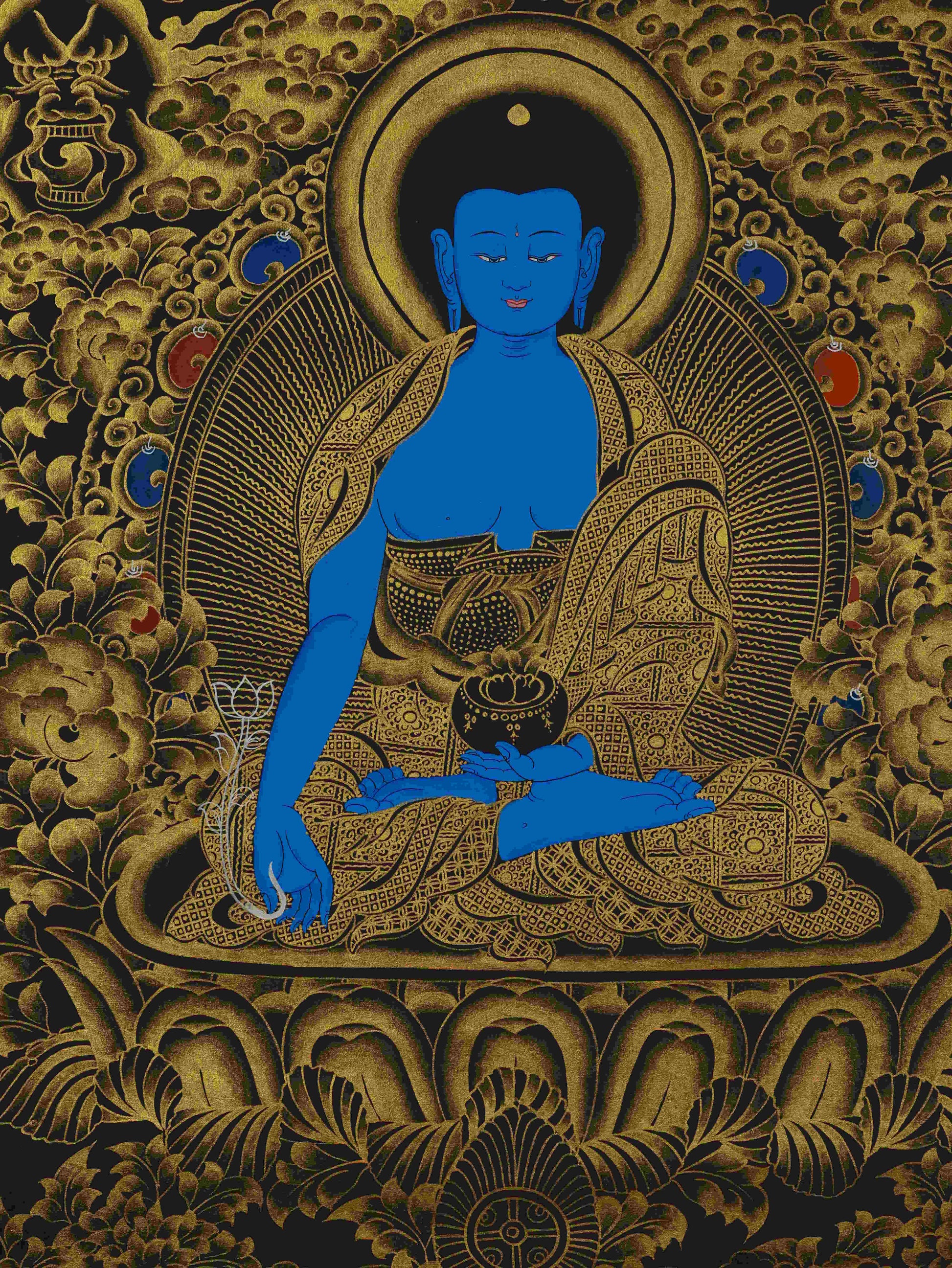 Handcrafted Black and Gold Shakyamuni Buddha Thangka – authentic Tibetan Buddhist art for meditation and devotion.