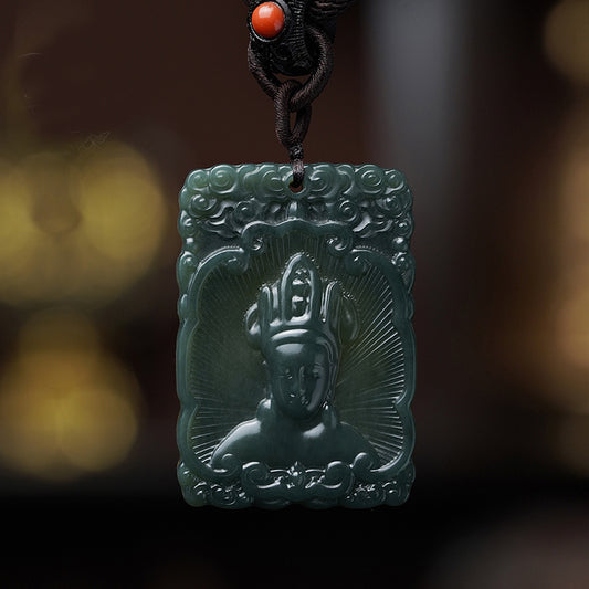 Handcrafted Tibetan Buddhist black Hetian jade pendant symbolizing blessings and spiritual fortune.