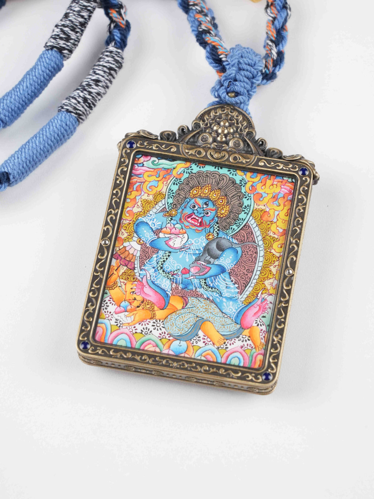 Mini Tibetan gau pendant with Black Dzambhala thangka painting for fortune, protection, and spiritual strength.
