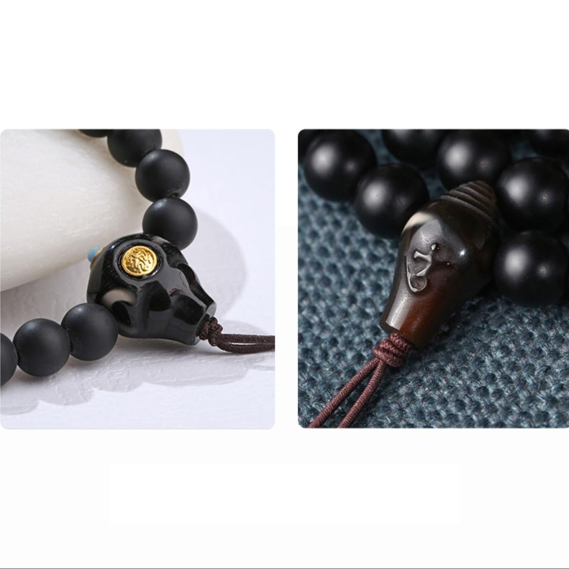Tibetan Buddhist obsidian mala necklace designed with dzi bead, six-syllable mantra bead, and three-way agate connector.