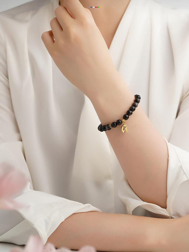 Tibetan-Buddhist Xinghai Silver Obsidian Bracelet handmade with 6.5mm beads and copper Fuyu tag, elastic 15cm fit.