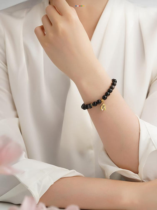Tibetan-Buddhist Xinghai Silver Obsidian Bracelet handmade with 6.5mm beads and copper Fuyu tag, elastic 15cm fit.