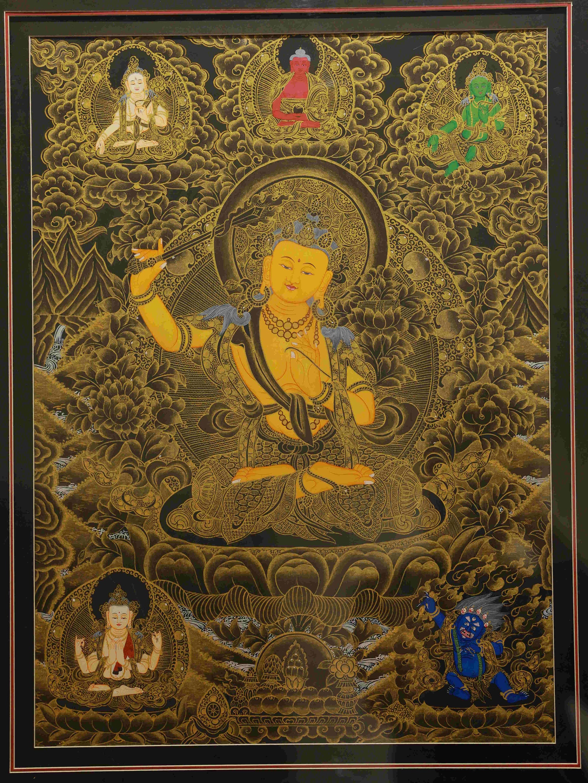 Tibetan Buddhist Thangka art of Vajrasattva in black-gold, embodying spiritual purification and strength.