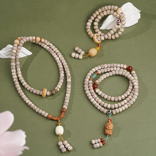 Star-moon Bodhi prayer bracelet crafted with traditional Tibetan Buddhist beadwork and thangka-style design.