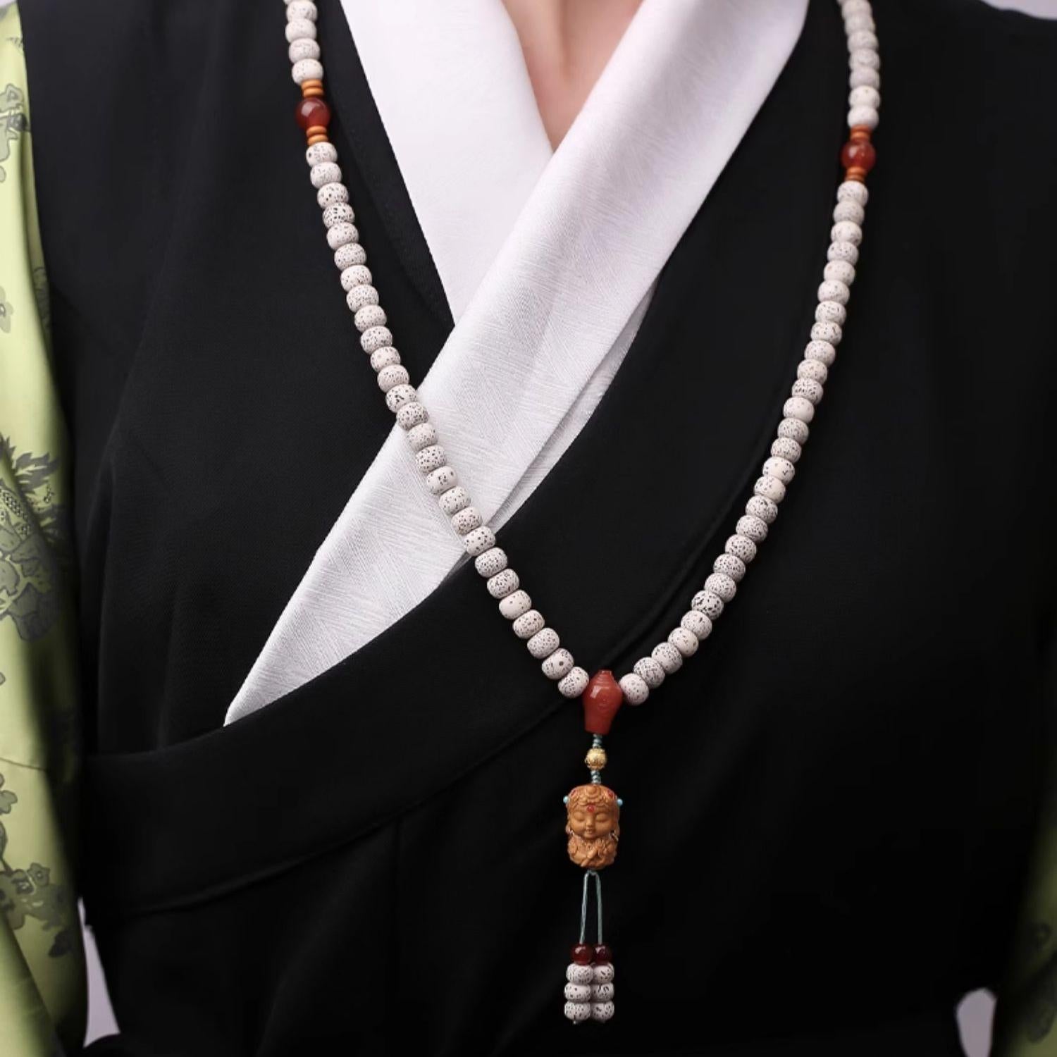 Tibetan Buddhist bodhi mala necklace with 925 silver six syllable mantra bead and carnelian.