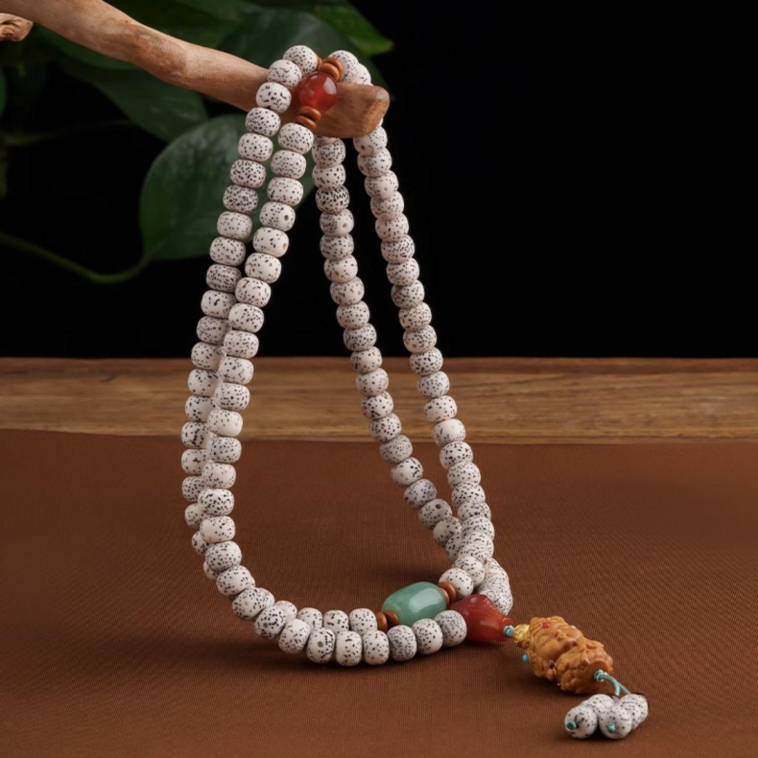 Tibetan Buddhist star moon bodhi 108 beads mala necklace handcrafted with agate and silver.
