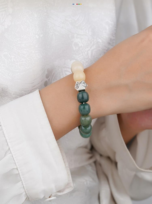 Tibetan-Buddhist Bodhi seed bracelet Yunmian Yuhou featuring natural Bodhi texture and 10x11mm silver octagon bead.
