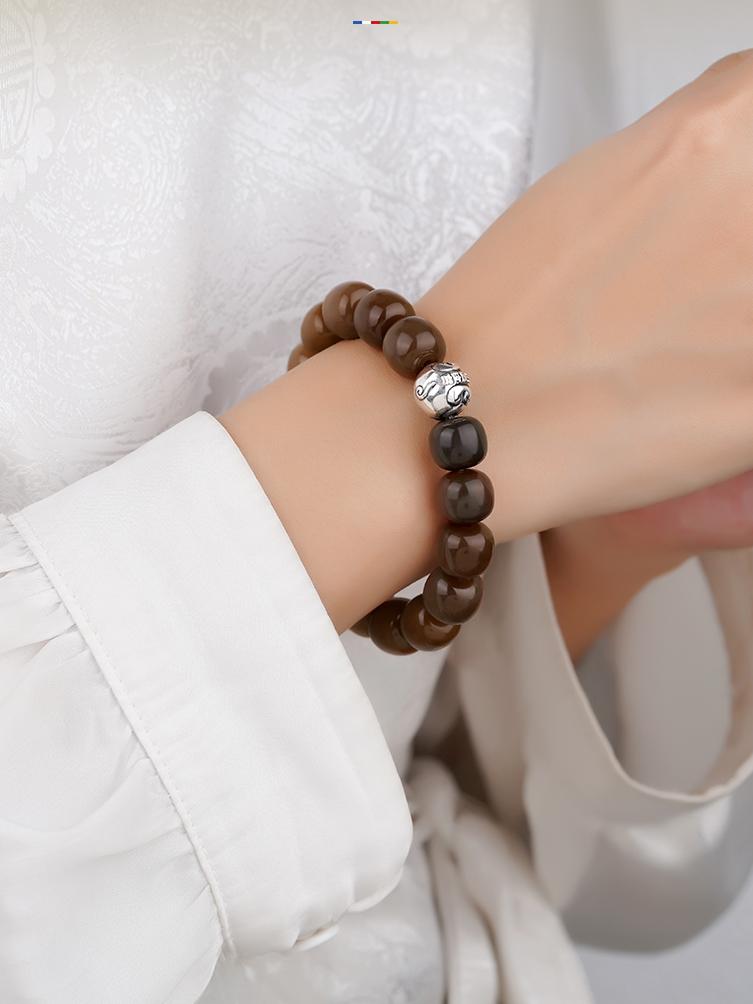 Artisan Tibetan Buddhist bodhi bead bracelet Rock Shadow Flow with elastic 16cm fit and silver treasure mouse charm