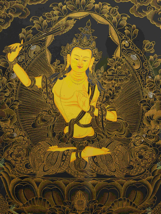 Bodhisattva Manjushri Tibetan Thangka painting representing supreme wisdom and enlightenment.