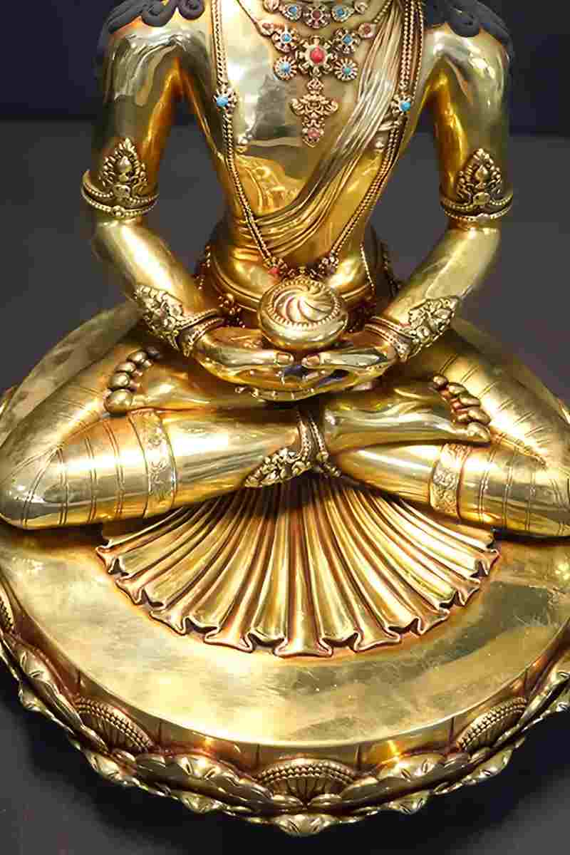 Medicine Buddha handcrafted Tibetan Buddhist brass statue with painted details, authentic Buddhist art.