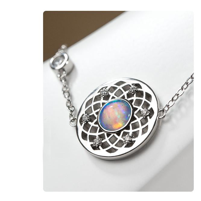 Tibetan Buddhist opal bracelet in S925 silver, reflecting spiritual harmony and Buddha art aesthetics.
