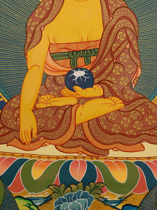 Tibetan Thangka painting of Shakyamuni Buddha, crafted with natural mineral pigments.