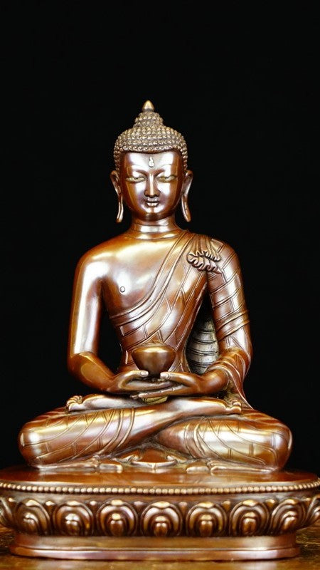 "A stunning Tibetan Buddhist Amitabha Buddha statue made from copper and hand-painted with vibrant mineral pigments, symbolizing peace and compassion." 