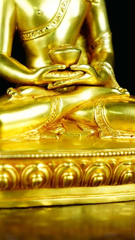 Handcrafted Tibetan Buddhist Amitabha Buddha statue, painted with vibrant mineral pigments on purple copper, a perfect spiritual gift and meditation aid.