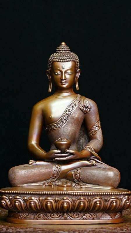Copper Tibetan Buddhist Amitabha Buddha statue, hand-painted with mineral pigments. A serene, spiritual work of art perfect for any space. 