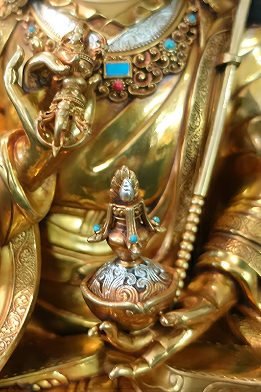 Tibetan Buddhist Statue of Lotus Born Buddha in Yellow Brass with Handcrafted Mineral Painting, Buddhist Art