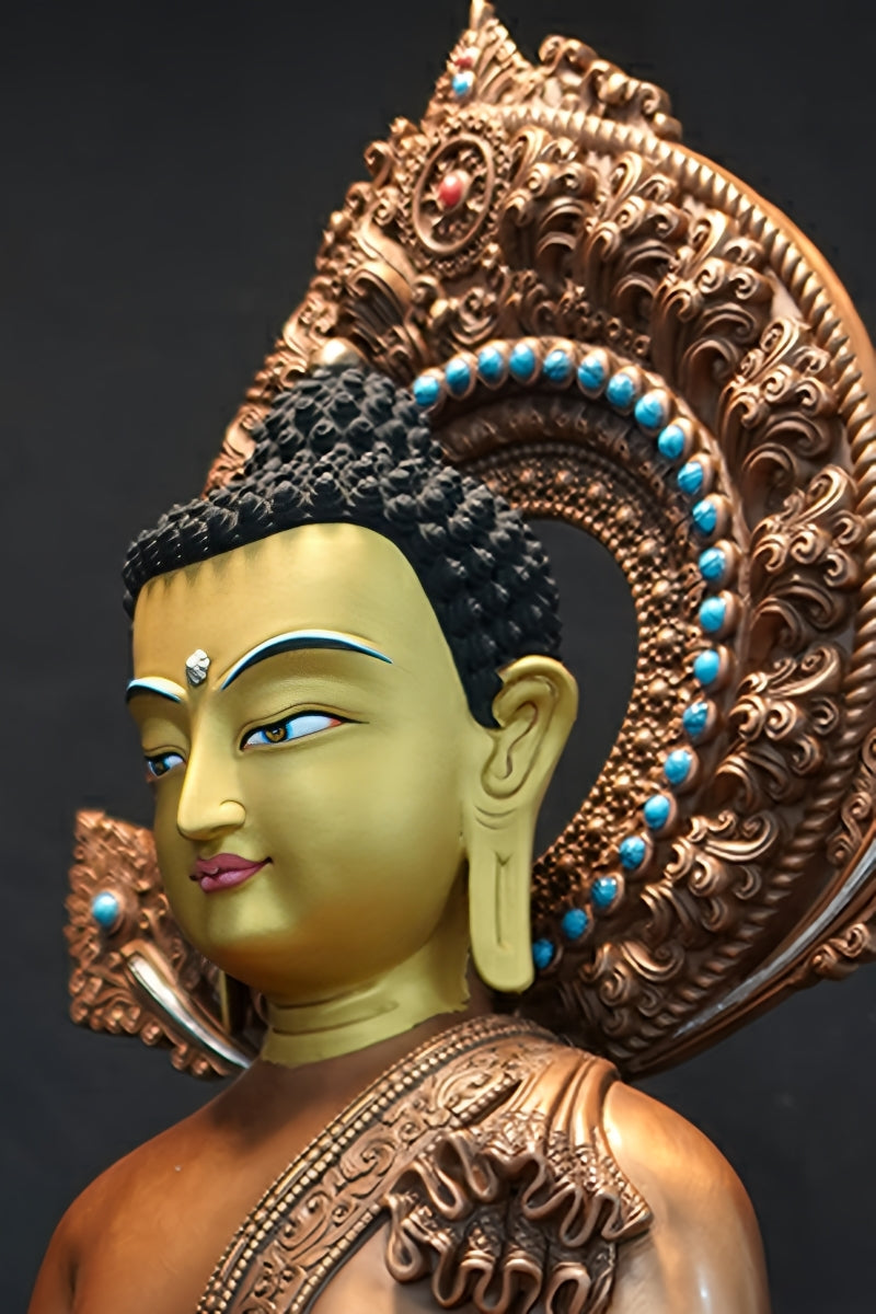 A handmade brass sculpture of Sakyamuni Buddha, representing the finest Tibetan Buddhist statues. This figure captures the moment of enlightenment, symbolizing wisdom and peace.