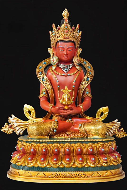 Brass gilded Long Life Buddha statue, handcrafted with mineral paint, showcasing Tibetan Buddhist art style.