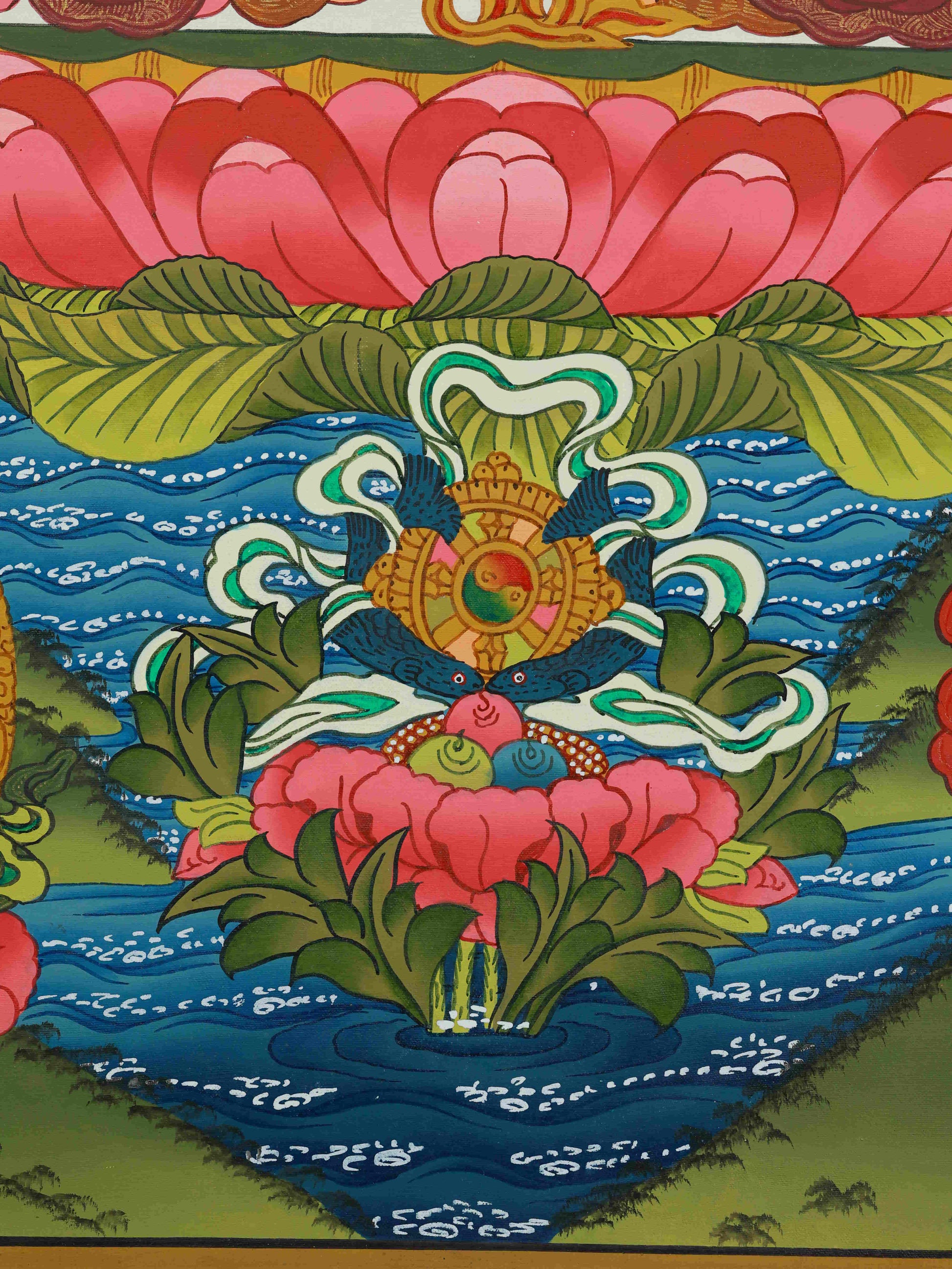 Traditional Tibetan Buddhist Chenrezig Thangka art on canvas, depicting the Four-Armed Bodhisattva of infinite compassion in vivid mineral colors.