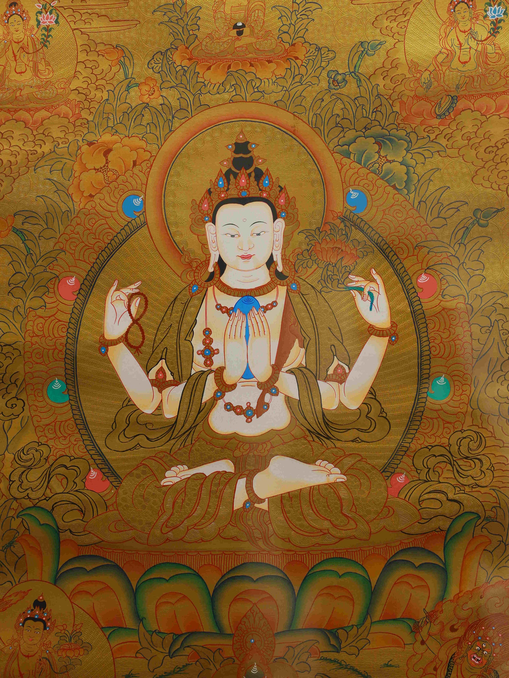 Tibetan Buddhist Thangka painting of Chenrezig with gold foil, symbol of compassion and wisdom.