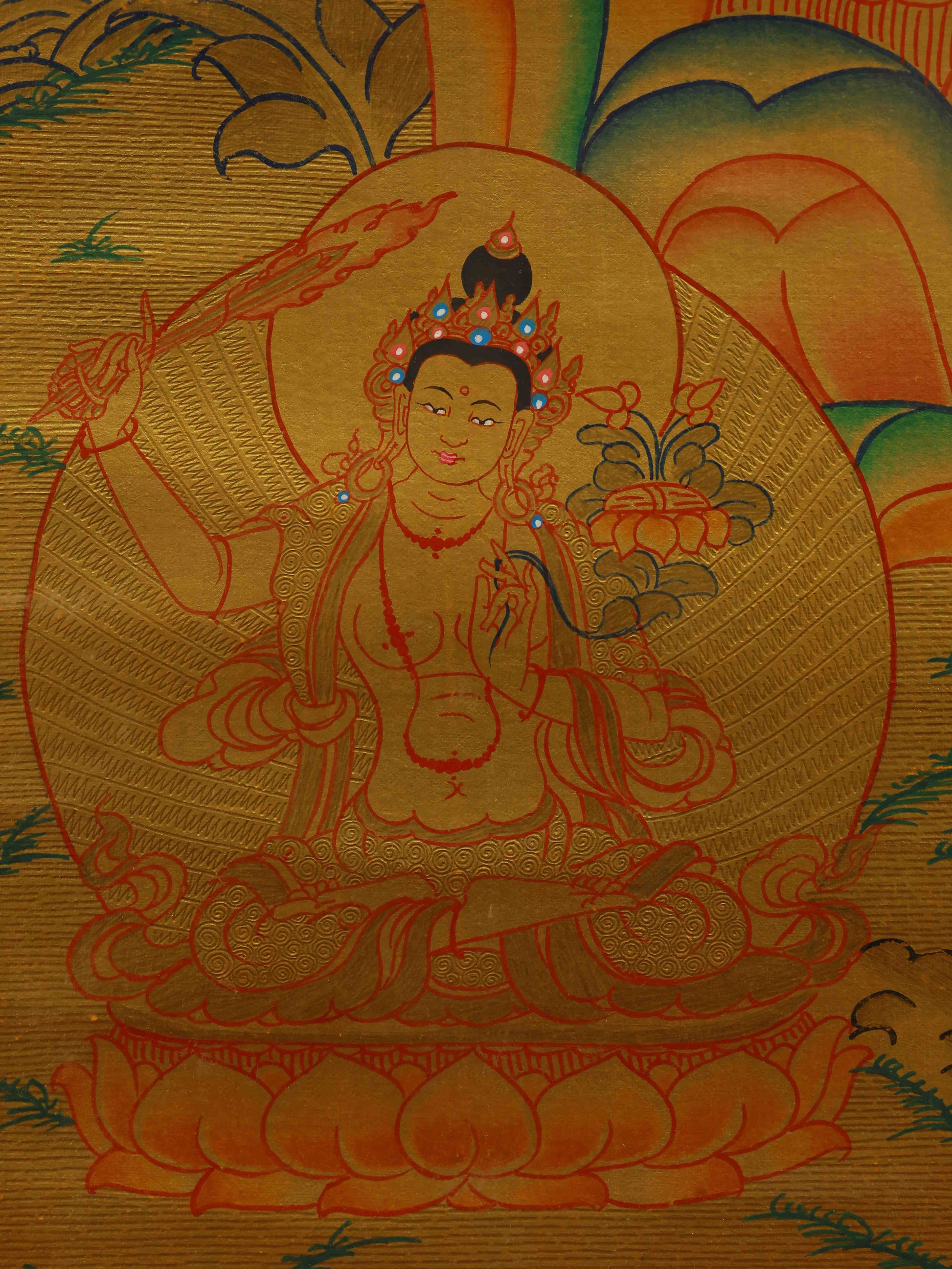 Hand-painted Tibetan Buddhist Thangka art of Four-Armed Avalokiteshvara Buddha in traditional style.