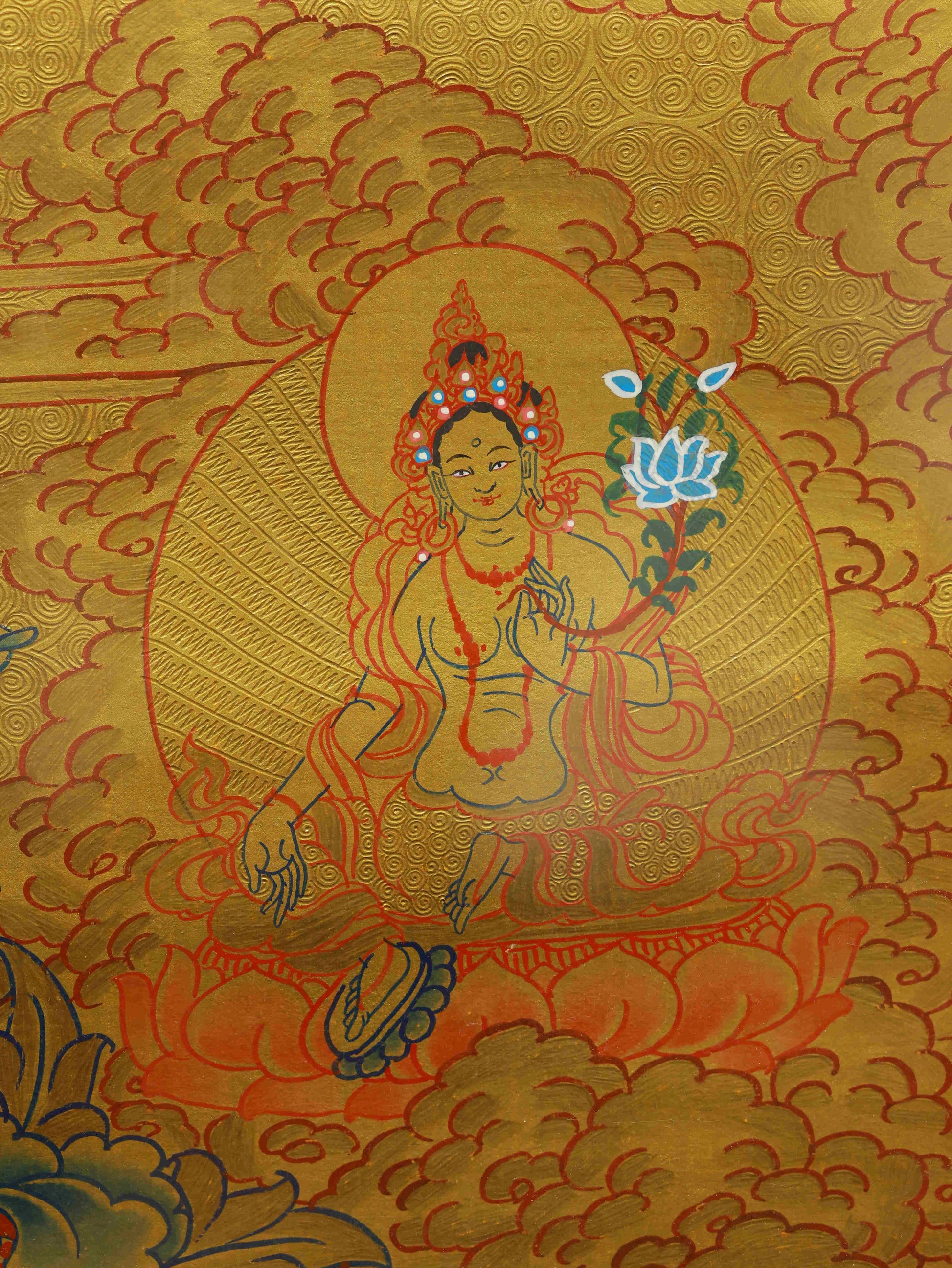 Traditional Four-Armed Avalokiteshvara Thangka on canvas, pure handmade with gold detailing.