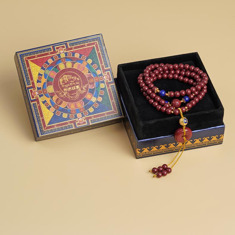 Cinnabar 108 mala with six syllable mantra bead and pendant art in Tibetan Buddhist style