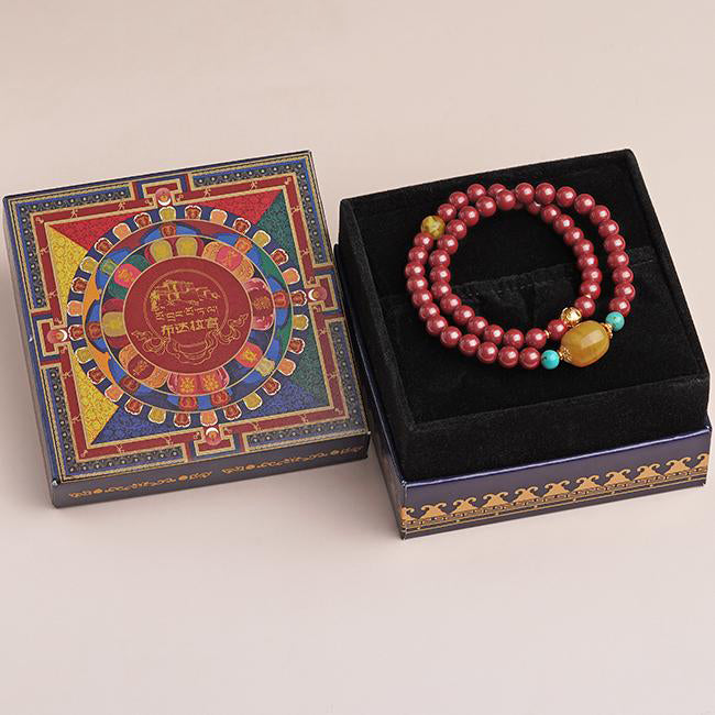 Handmade Tibetan Buddhist cinnabar multi layer bracelet with turquoise accents
