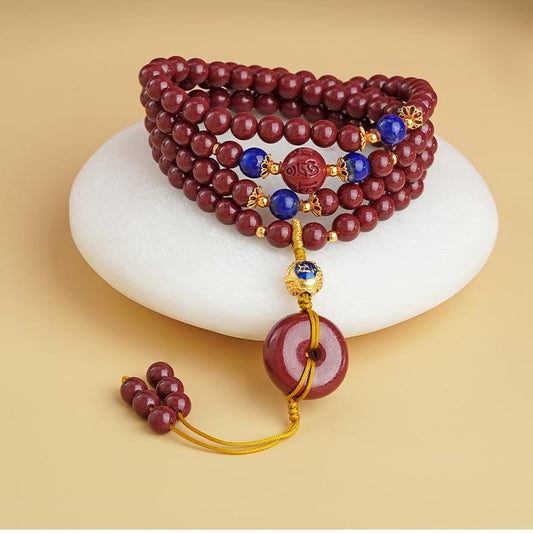 Tibetan Buddhist handmade cinnabar mala necklace with lapis lazuli and 925 silver