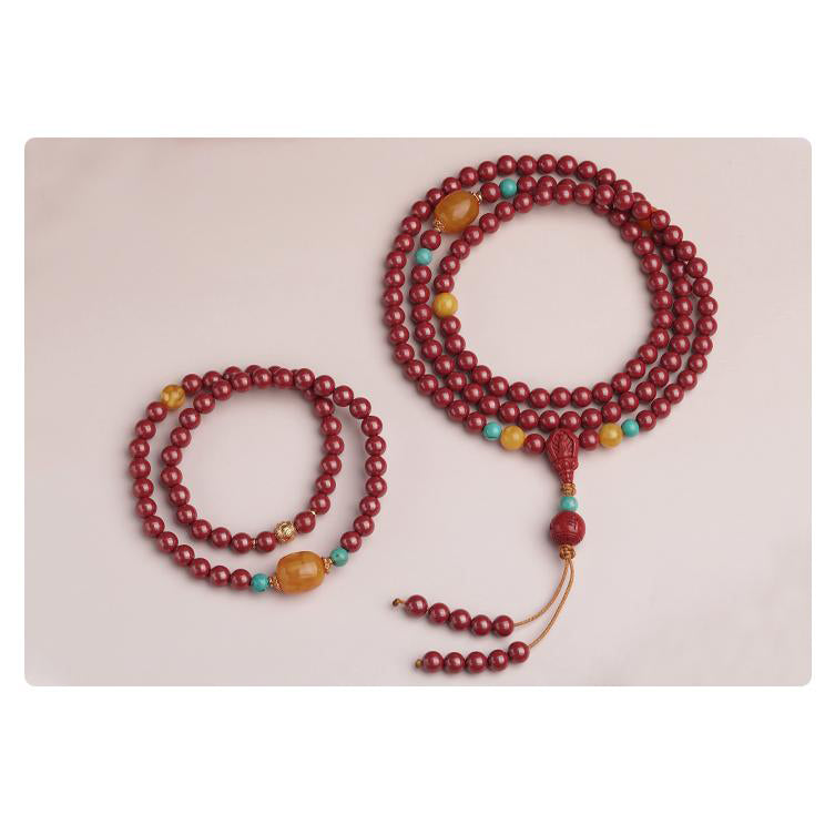 Tibetan Buddhist handcrafted 108 cinnabar mala necklace with amber and turquoise highlights