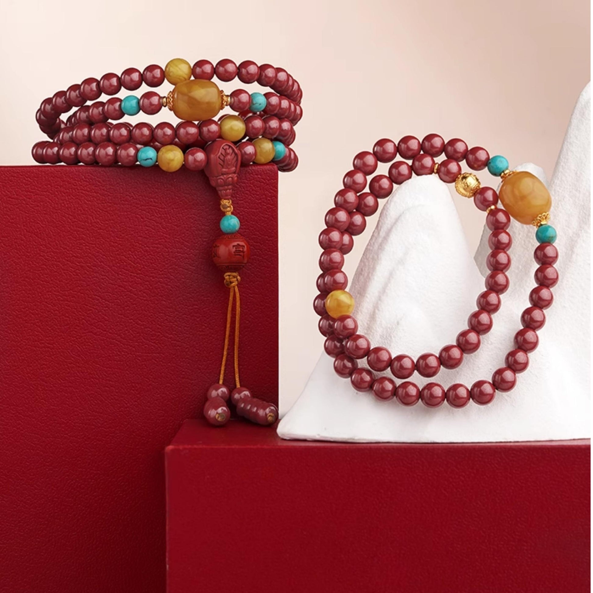 Handcrafted Tibetan Buddhist cinnabar wrap bracelet with silver six syllable mantra bead