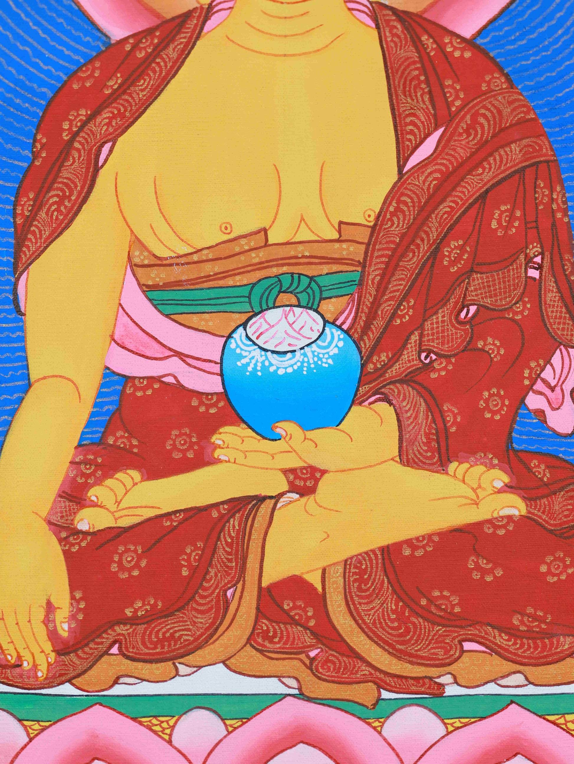 Medicine Buddha Thangka painting made with pure mineral pigments, a masterpiece of Tibetan Buddhist art.