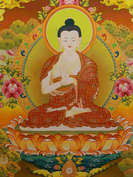 Hand-painted Tibetan Shakyamuni Buddha Thangka symbolizing enlightenment and peace.