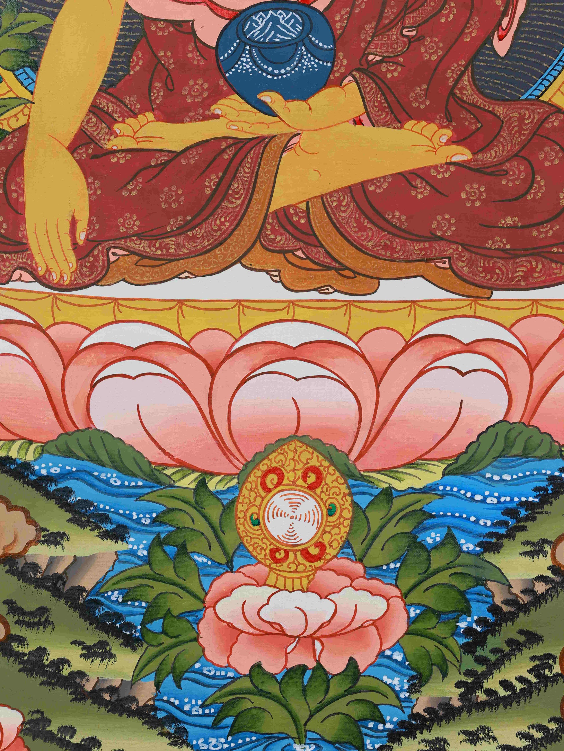 Handmade Shakyamuni Buddha Tibetan Thangka art in vibrant mineral colors, symbolizing enlightenment and peace.