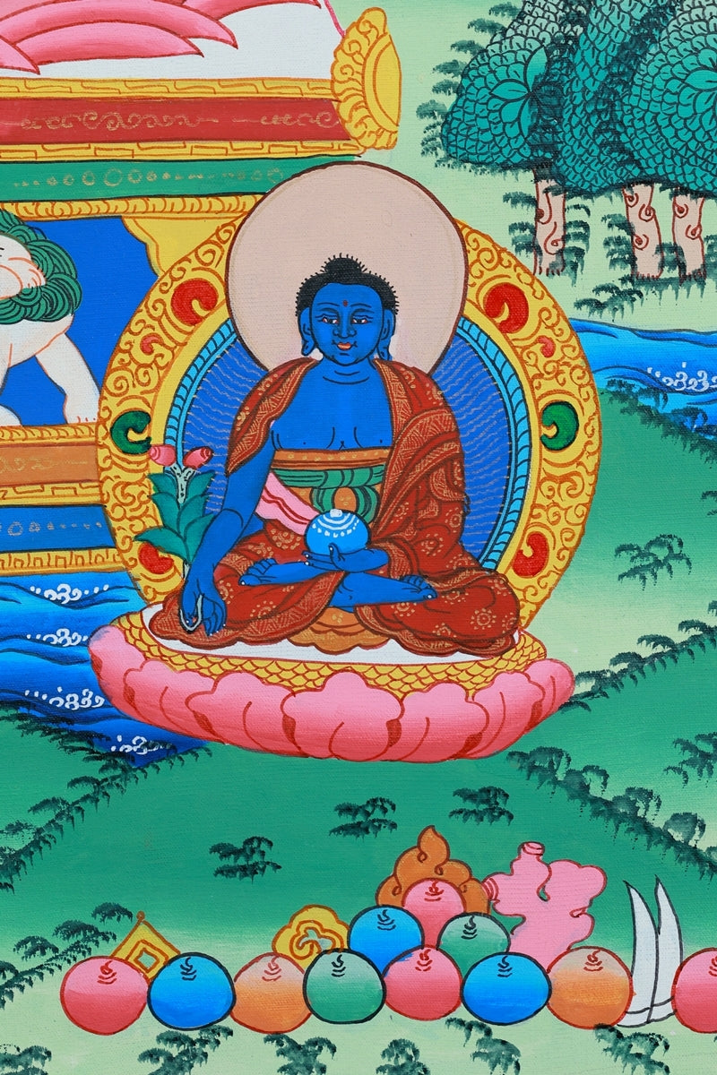 Handcrafted Tibetan Buddhist Thangka of Medicine Buddha on canvas, showcasing healing energy and wisdom.