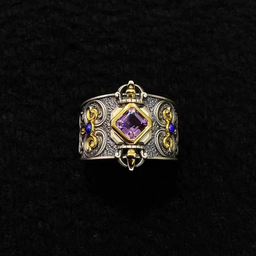 Tibetan-Buddhist colorful gemstone Vajra ring with artisan silverwork.Tibetan-Buddhist colorful gemstone Vajra ring with artisan silverwork.