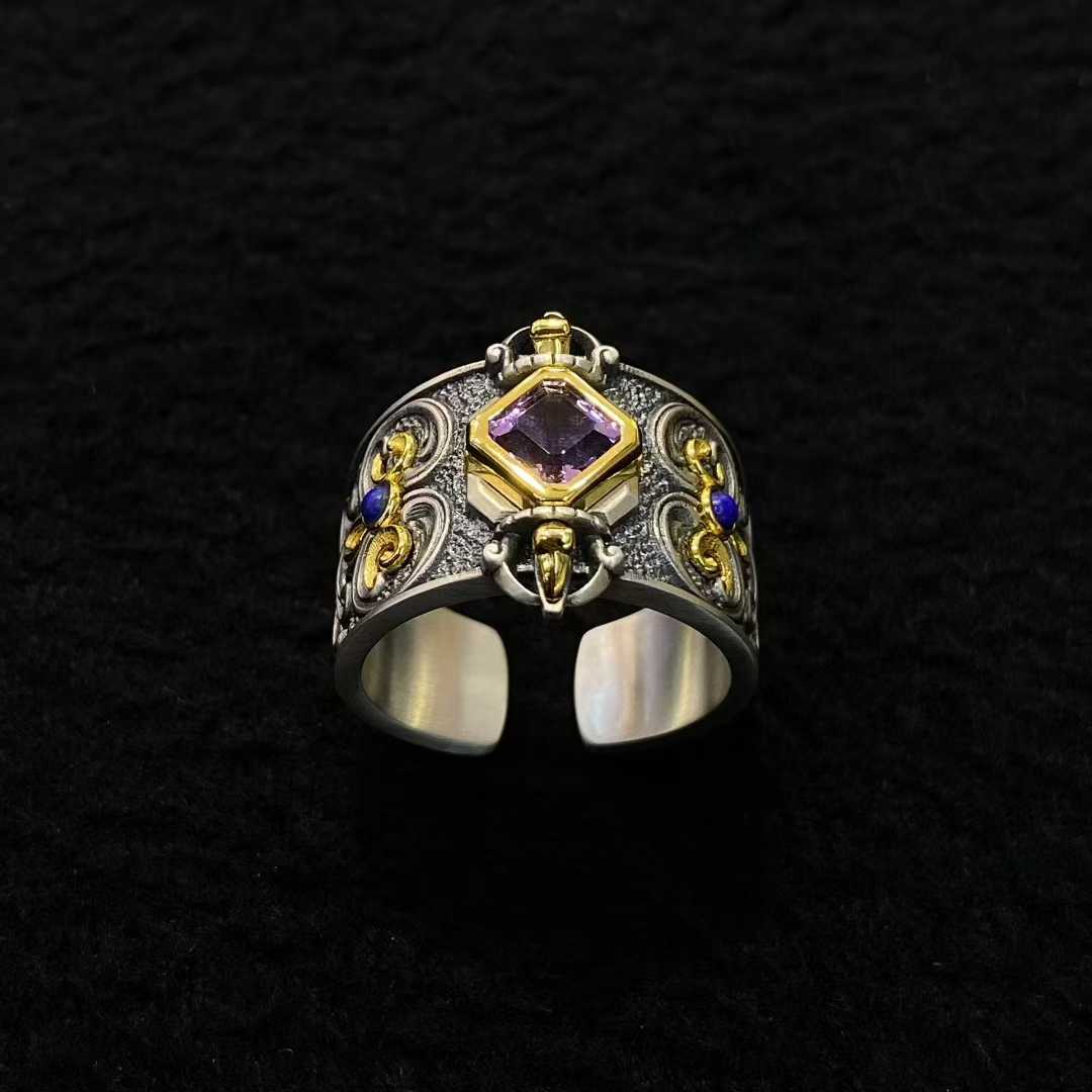 S925 silver Vajra ring featuring vibrant gemstones and sacred symbolism.