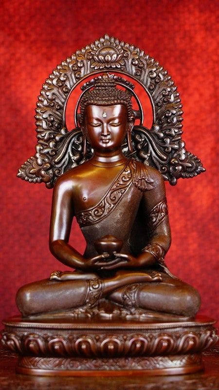 "Copper, handmade Tibetan Buddhist Amitabha Buddha statue, painted with vibrant mineral pigments. A stunning representation of compassion and light." 