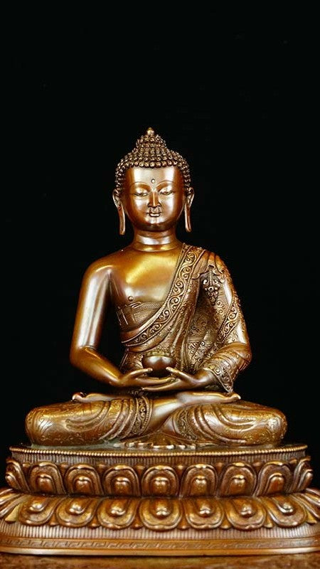 "Handcrafted Tibetan Buddhist Amitabha Buddha statue in copper with mineral pigments, perfect for adding spiritual energy and artistic beauty to any space." 