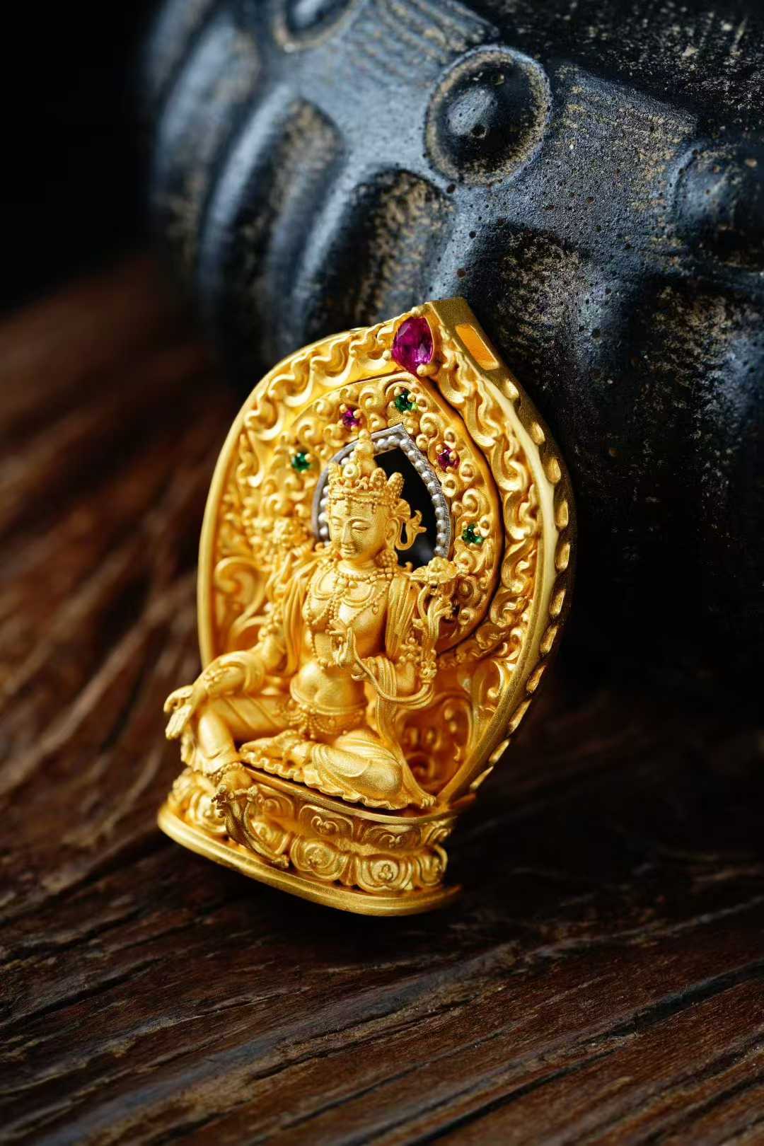 Handmade copper Green Tara pendant, a symbol of protection and compassion in Tibetan Buddhism