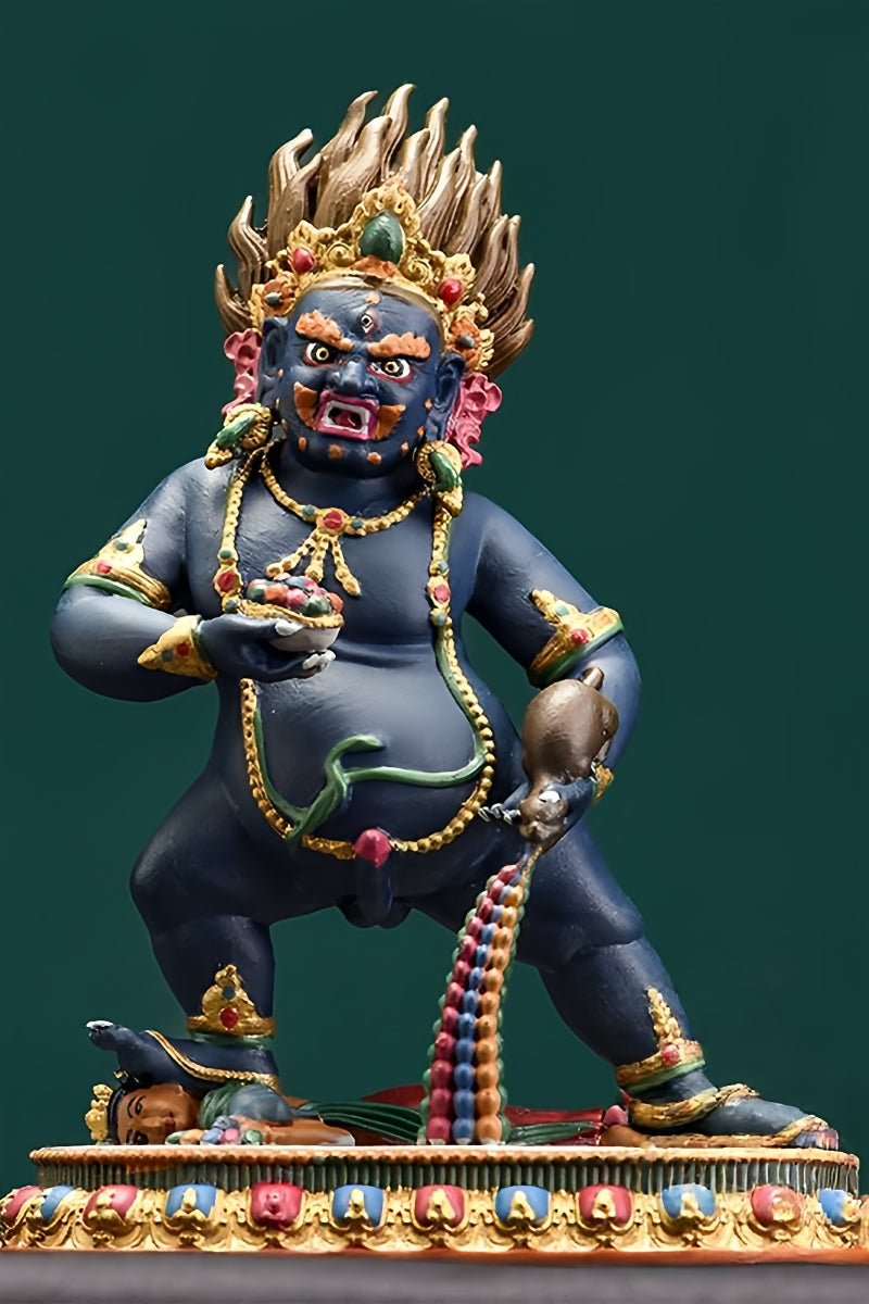 Handmade Tibetan Buddhist Black Dzambhala statue in copper with mineral pigments, authentic Tibetan Buddha art for wealth and prosperity.
