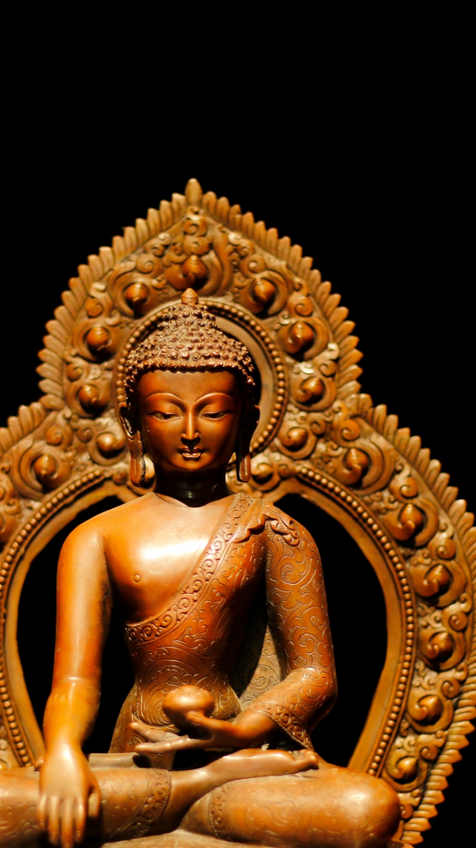 Alt Text: Handcrafted Tibetan Buddhist Zinc Copper Three Buddhas Statue, featuring gilded details and mineral paint, symbolizing wisdom and spiritual awakening.