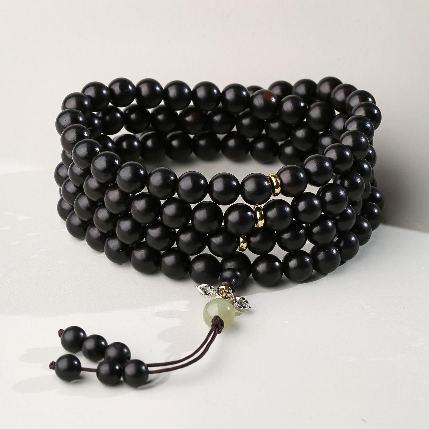 Handmade Tibetan Buddhist ebony 108 bead mala necklace with jade accents