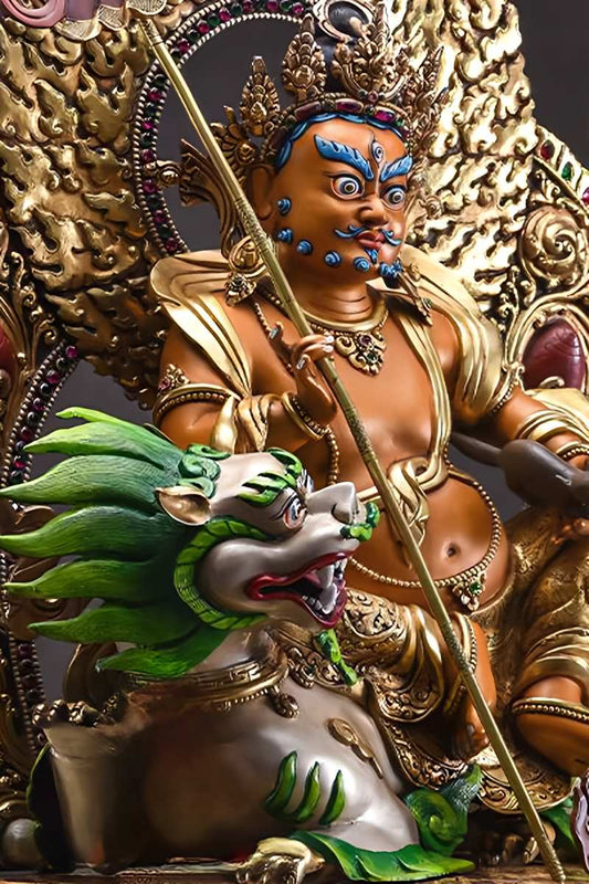 Handcrafted Tibetan Buddhist Wealth King Vaishravana copper statue, symbolizing prosperity, abundance, and protection in Tibetan Buddha art.