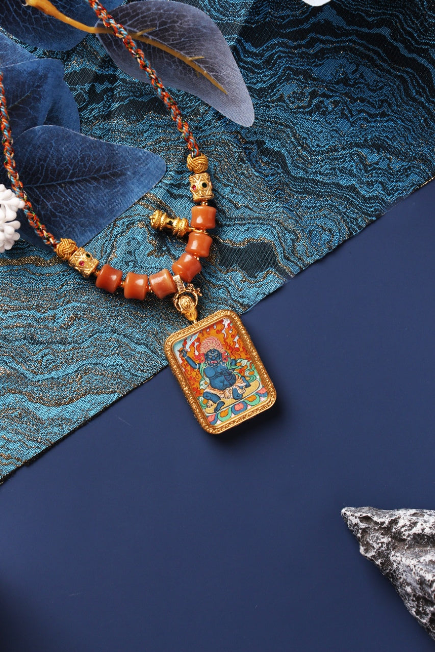  Close-up detail of the Karma Kagyu Acala Thangka painting showing intricate natural mineral pigment work and wrathful expression, showcasing the masterful artistry of Tibetan lineage painters.

