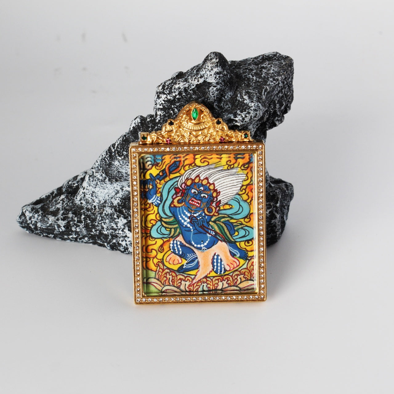  Close-up detail of the Nepal Elegant Acala Thangka painting showing intricate natural mineral pigment work, showcasing the masterful artistry of Nepali lineage painters.
